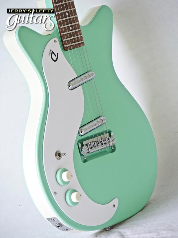 for sale left hand guitar new electric Danelectro 59 MOD Plus Seafoam Green Side Close-up view