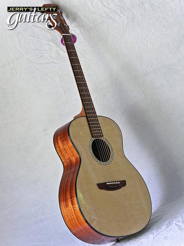 for sale left hand guitar new acoustic Goodall Aloha Koa Concert Jumbo Side view