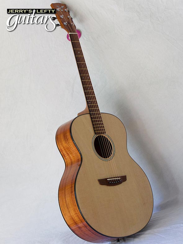 for sale left hand guitar new acoustic Goodall Jumbo Aloha Koa Side view