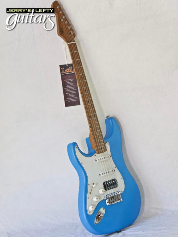 for sale left hand guitar new light relic LsL Saticoy One B DeSoto Blue Side view