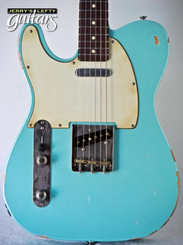 for sale left hand guitar new medium relic LsL T Bone Custom Seafoam Pearl Close-up view