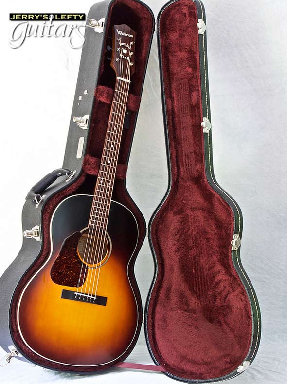 for sale left hand guitar new acoustic Waterloo WL-JK Jumbo King Vintage Sunburst Case view